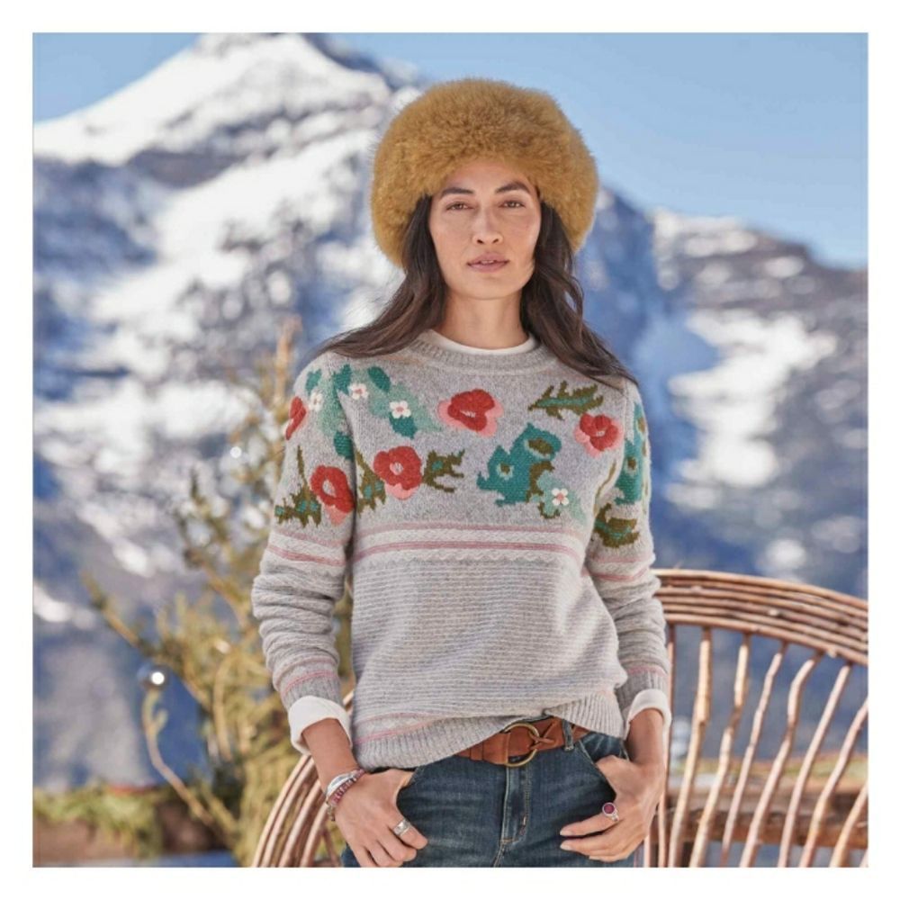 Sundance Bold Botanic Grey Floral Knit Wool-blend Roundneck Casual Sweater